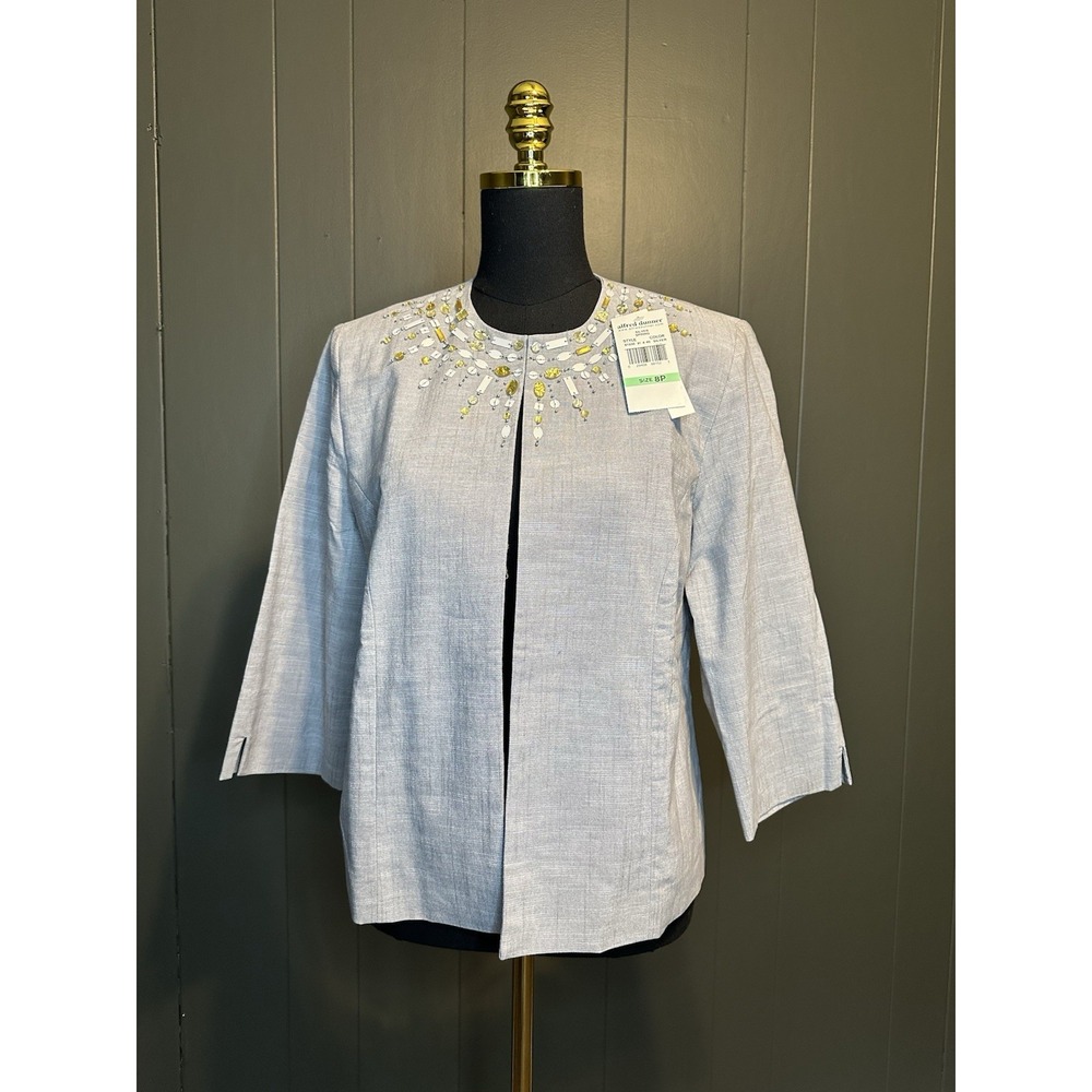 NWT Alfred Dunner Petites‎ Stretch Grey Jeweled Collar Cardigan Jacket 8P